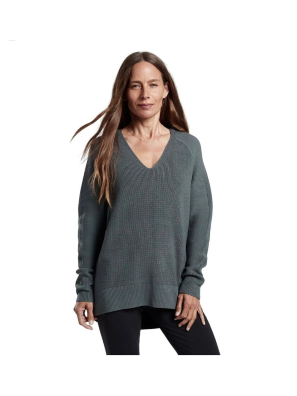 Athleta Hanover V-Neck Sweater Large Gray Merino Wool Blend Pullover